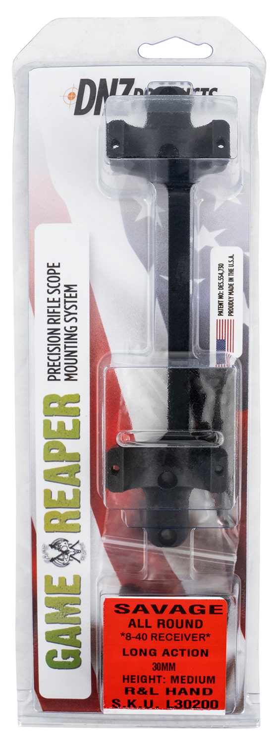 DNZ  Game Reaper Scope Mount/Ring Combo Matte Black Savage Round Receiver w/8-40 Screw Holes 1" Tube Medium Rings For Long Action Aluminum Rifle