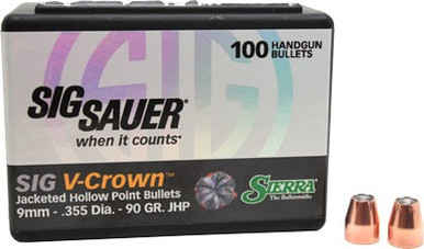 Sierra Sig V-Crown 9990 9mm 90 gr Jacketed Hollow Point Bullets-100cnt