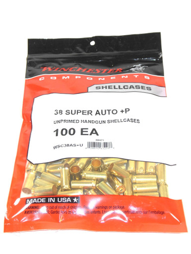 Winchester .38 Super Auto+P Unprimed Pistol Brass 100cnt-WSC38AS+U